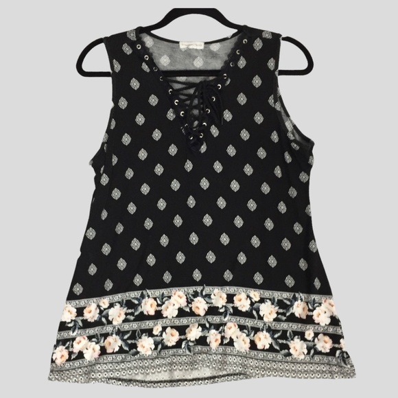 Warehouse One Tank Top Womens Medium Black V Neck Lace Up Sleeveless - Picture 1 of 10